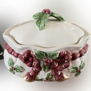 ❤️🎄 FITZ AND FLOYD | Ceramic Box | Deck the Halls | Burgundy and Cream 🎄❤️